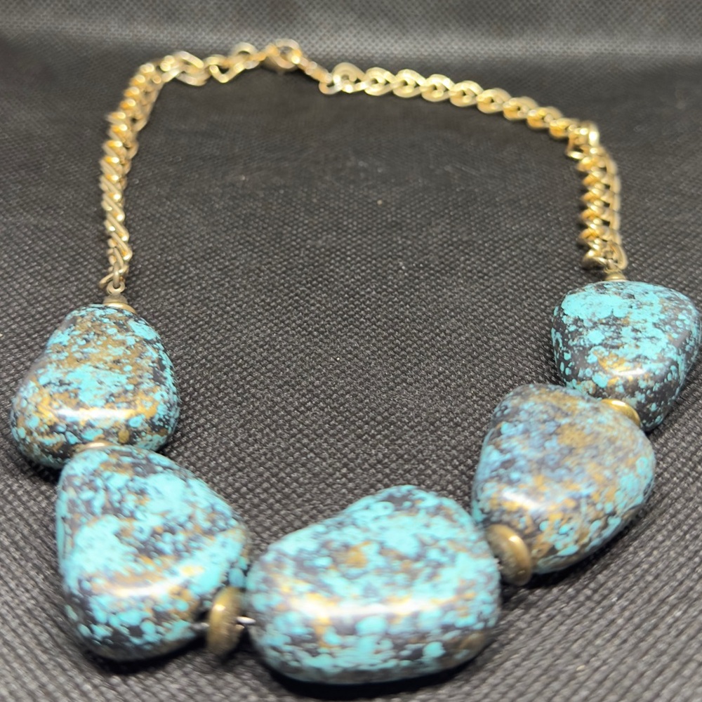 Aqua blue gold splatter bead necklace vintage 2006